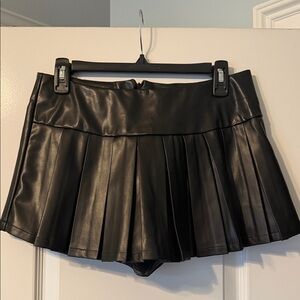 Black Pleated Faux Leather Skort